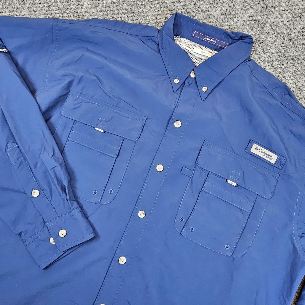 Columbia PFG Bahama II Long Sleeve Fishing Shirt Blue Mens Large Vented UPF 30
